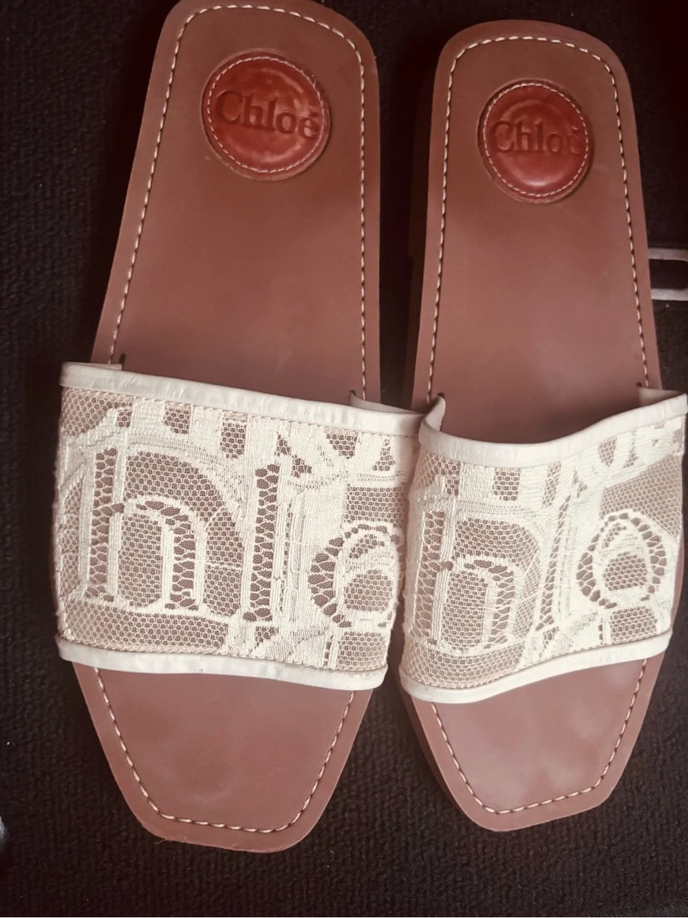 Chloé Woody Lace Logo Slide Sandals Ivory Cream Size 40 Made in Italy